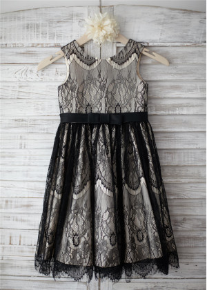 Black Eyelash Lace Champagne Lining Knee Length Flower Girl Dress